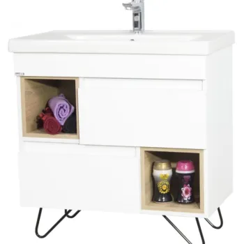 Set Baza front MDF si Lavoar seria 760, cu picioare metalice, 80 cm, alb + sonoma imagine
