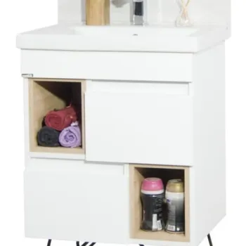 Set Baza front MDF si Lavoar seria 760, picioare metalice, 60 cm, alb + sonoma imagine
