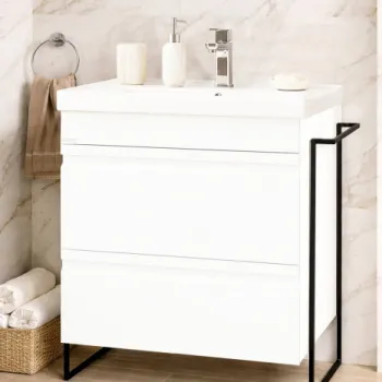 Set Baza front MDF si Lavoar seria 786, cadru metalic, cu sertare, montata, 65 cm, alb imagine