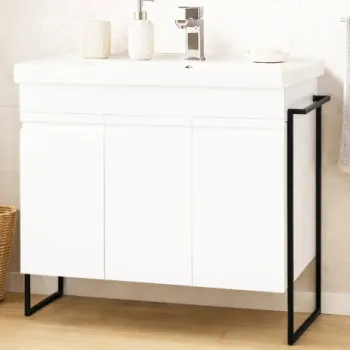 Set Baza front MDF si Lavoar seria 786, cadru metalic, montata, 90 cm, alb imagine