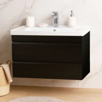 Set Baza front MDF si Lavoar seria 786, suspendata, cu sertare, montat, 80 cm, negru imagine