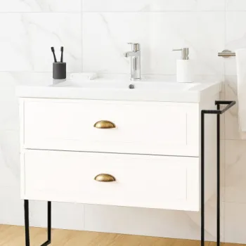 Set Baza front MDF si Lavoar seria 796, cu sertare, cadru metalic, montat, 80 cm, alb rustic imagine