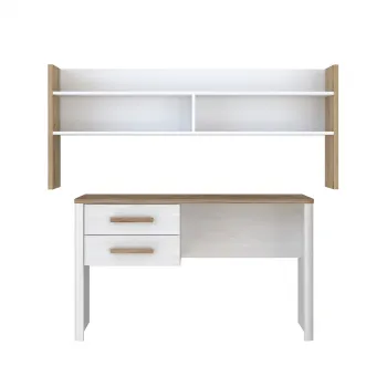Set Birou RAMIRO, cu 2 sertare 125x60x74 cm + etajera birou RAMIRO, cu spatii depozitare, 140x26x60 cm, alb + stejar Artisan imagine