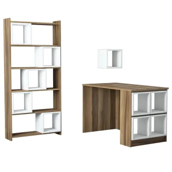 Set birou si biblioteca BOX, 3 piese, nuc + alb imagine