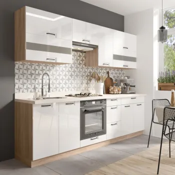 Set Bucatarie FAVORIT A Plus, L 270, 8 corpuri, blat termorezistent, corp sonoma, fronturi alb lucios imagine