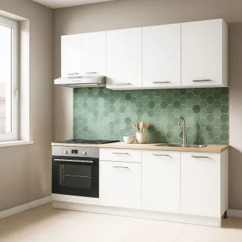 Set bucatarie GERMANIA 180 cm, 6 corpuri, corp cuptor, 1 sertar, blat gros, alb imagine