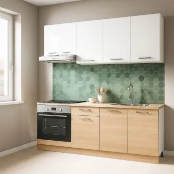 Set bucatarie GERMANIA 180 cm, 6 corpuri, corp cuptor, 1 sertar, blat gros, sonoma + alb imagine