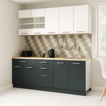 Set bucatarie GERMANIA 200 cm, 6 corpuri, 4 sertare, blat gros, antracit + alb imagine