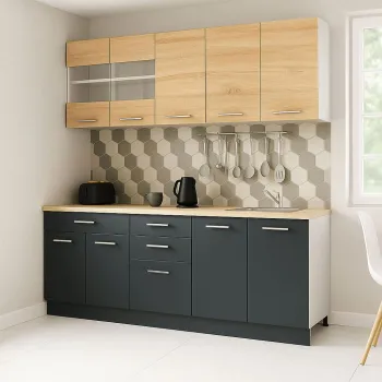 Set bucatarie GERMANIA 200 cm, 6 corpuri, 4 sertare, blat gros, antracit + sonoma imagine