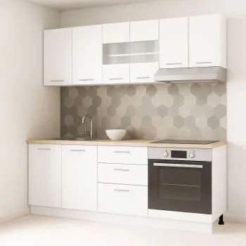 Set bucatarie GERMANIA 200 cm, 6 corpuri, corp cuptor, 3 sertare, blat gros, alb imagine