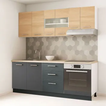 Set bucatarie GERMANIA 200 cm, 6 corpuri, corp cuptor, 3 sertare, blat gros, antracit + sonoma imagine