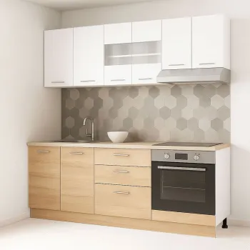 Set bucatarie GERMANIA 200 cm, 6 corpuri, corp cuptor, 3 sertare, blat gros, sonoma + alb imagine