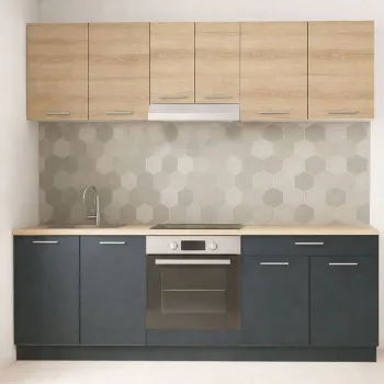 Set bucatarie GERMANIA 220 cm, 6 corpuri, corp cuptor, 1 sertar, blat gros, antracit + sonoma imagine