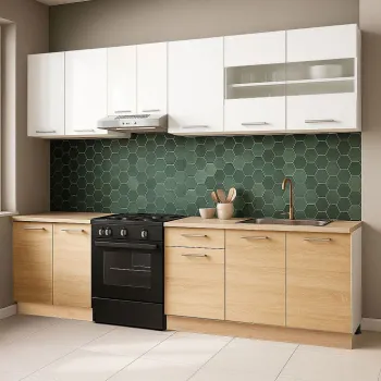 Set bucatarie GERMANIA 240 cm, 7 corpuri, blat gros, sonoma + alb imagine