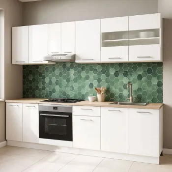 Set bucatarie GERMANIA 240 cm, 8 corpuri, corp cuptor, blat gros, alb imagine