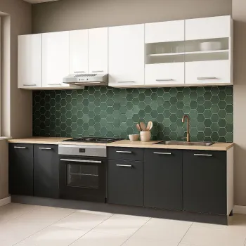 Set bucatarie GERMANIA 240 cm, 8 corpuri, corp cuptor, blat gros, antracit + alb imagine