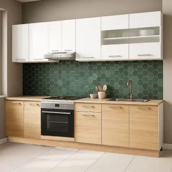 Set bucatarie GERMANIA 240 cm, 8 corpuri, corp cuptor, blat gros, sonoma + alb imagine