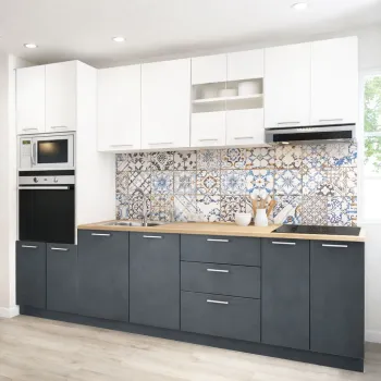 Set bucatarie GERMANIA 260 cm, 7 corpuri, corp cuptor-cuptor microunde, 3 sertare, blat gros, antracit + alb imagine