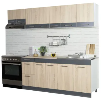 Set bucatarie SARONA 240 cm, 7 corpuri, corn hota, blat PAL, sonoma + antracit imagine