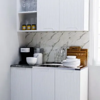 Set bucatarie SPACE 120 cm, 2 corpuri, blat termorezistent, fronturi MDF, alb antichizat imagine