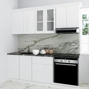 Set bucatarie SPACE 200.01 cm, 6 corpuri, blat termorezistent, fronturi MDF, alb rustic imagine