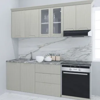 Set bucatarie SPACE 200 cm, 6 corpuri, corp cuptor, cu sertare, blat termorezistent, fronturi MDF, crem imagine