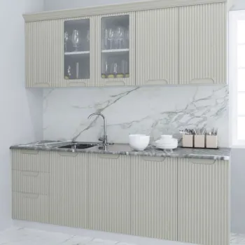 Set bucatarie SPACE 200 cm, 6 corpuri, cu sertare, blat termorezistent, fronturi MDF, crem imagine