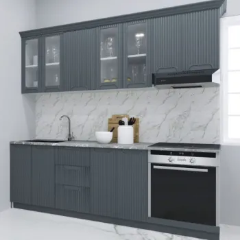 Set bucatarie SPACE 220 cm, 8 corpuri, corp cuptor, cu sertare, blat termorezistent, fronturi MDF, antracit imagine