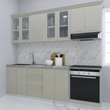 Set bucatarie SPACE 220 cm, 8 corpuri, corp cuptor, cu sertare, blat termorezistent, fronturi MDF, crem imagine