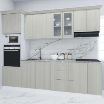 Set bucatarie SPACE 260 cm, 7 corpuri, corp cuptor + microunde, blat termorezistent, fronturi MDF, crem imagine