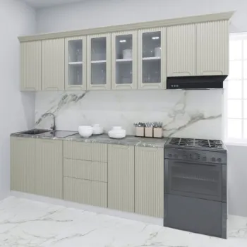 Set bucatarie SPACE 260 cm, 7 corpuri, cu sertare, blat termorezistent, fronturi MDF, crem imagine