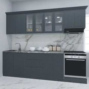 Set bucatarie SPACE 260 cm, 8 corpuri, corp cuptor, cu sertare, blat termorezistent, fronturi MDF, antracit imagine