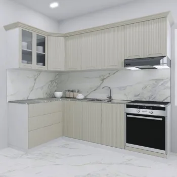 Set bucatarie SPACE COLT 240x140 cm, 9 corpuri, blat termorezistent, fronturi MDF, crem imagine