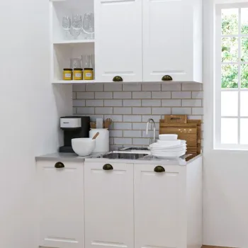 Set bucatarie SQUARE 120 cm, 2 corpuri, blat termorezistent, fronturi MDF, alb antichizat imagine