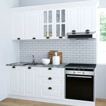 Set bucatarie SQUARE 200 cm, 6 corpuri, corp cuptor, cu sertare, blat termorezistent, fronturi MDF, culoare alb rustic imagine