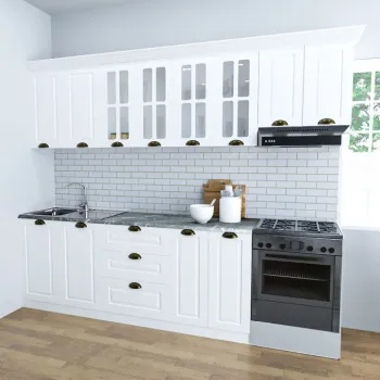 Set bucatarie SQUARE 260 cm, 7 corpuri, blat termorezistent, fronturi MDF, culoare alb rustic imagine