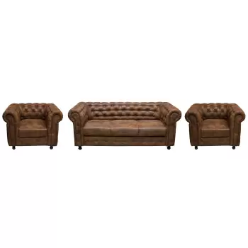 Set CHESTERFIELD 3-1-1, canapea extensibila 3 locuri si 2 fotolii fixe,maro imagine