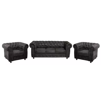 Set CHESTERFIELD 3-1-1, canapea extensibila 3 locuri si 2 fotolii fixe, negru imagine