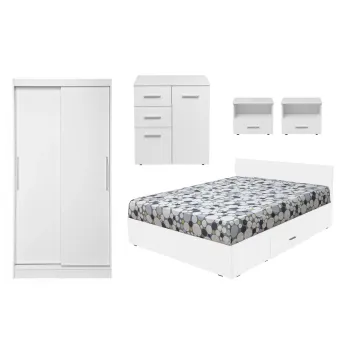 Set dormitor ALMA, 5 piese, pat 160x200 cm, dulap usi glisante, comoda, 2 noptiere, alb imagine