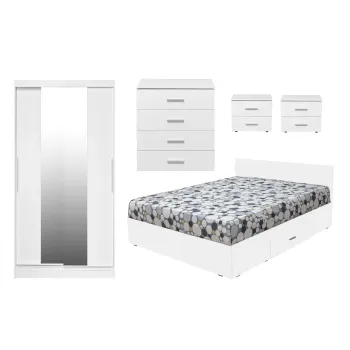 Set dormitor ALMA, 5 piese, pat 160x200 cm, dulap usi glisante cu oglinda, comoda, 2 noptiere, alb imagine