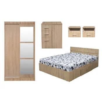 Set dormitor ALMA, 5 piese, pat 160x200 cm, dulap usi glisante cu oglinda, comoda, 2 noptiere, sonoma imagine