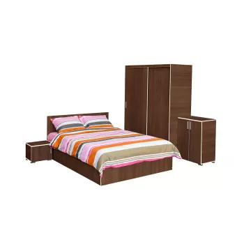 Set dormitor CORINNE, 5 piese, pat 160x200 cm, dulap usi glisante, 2 noptiere, comoda, nuc, cant vanilie imagine