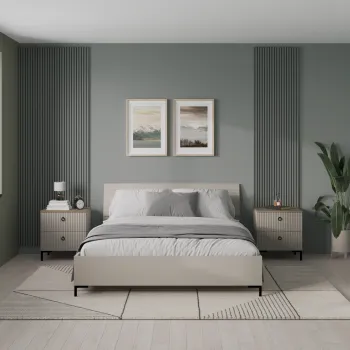 Set dormitor DOMINICA, 3 piese, pat cu somiera rabatabila 160x200 cm, 2 noptiere,  taupe + stejar silverjack imagine