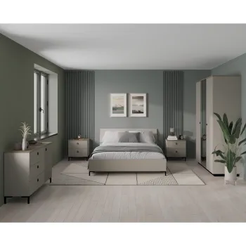 Set dormitor DOMINICA, 5 piese, pat cu somiera rabatabila 160x200 cm, dulap 3 usi cu oglinda, comoda, 2 noptiere, taupe + stejar silverjack imagine
