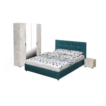 Set dormitor ECONO, 4 piese, pat 140x200 cm, dulap 4 usi, 2 noptiere, pin antichizat + turcoaz imagine