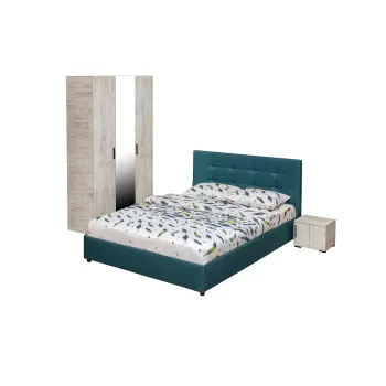 Set dormitor ECONO, 4 piese, pat 160x200 cm, dulap 3 usi, 2 noptiere, pin antichizat + turcoaz imagine
