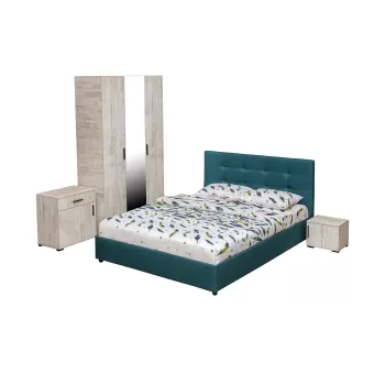 Set dormitor ECONO, 5 piese, pat 160x200 cm, dulap 3 usi, comoda, 2 noptiere, pin antichizat + turcoaz imagine