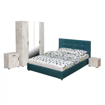 Set dormitor ECONO, 5 piese, pat 160x200 cm, dulap 4 usi, comoda, 2 noptiere, pin antichizat + turcoaz imagine