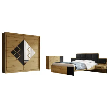 Set dormitor SNAKE, 3 piese, pat 160x200 cm cu noptiere, dulap usi glisante, comoda, artisan + negru imagine