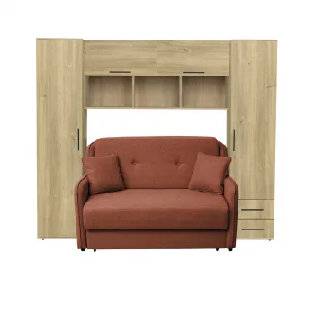 Set dormitor tineret YASMIN M1, 3 corpuri, stejar Belfast, 238x50x200 cm + Canapea GALA extensibila, 2 locuri, caramiziu, 143x98x98 cm imagine